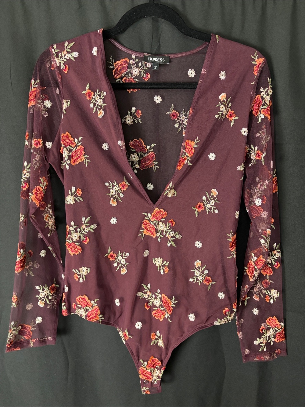 Express Burgundy Floral V-Neck Long Sleeve Bodysuit